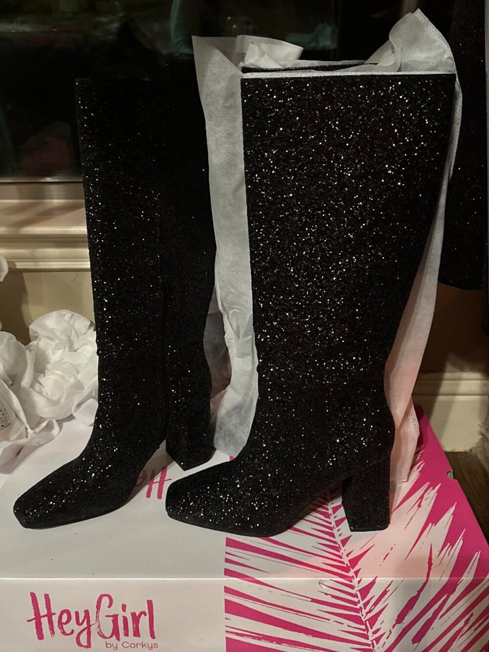 Tall Black Glitter Boots with Heel, Boutique, Corky's Black Glitter Boots